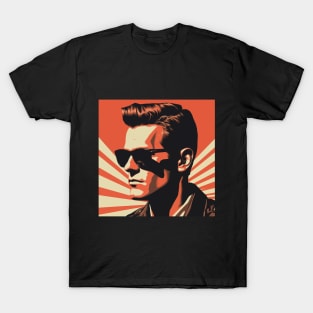 Vector Vintage Red Illustration – 1950s Gentleman with Dark Shades and Fashionable Hairstyle Amid Vintage Sunbeams. T-Shirt